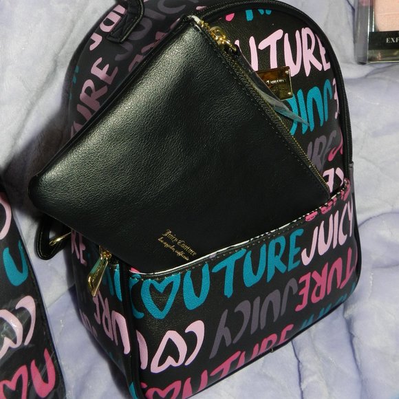 Juicy Coulture Love Letters 3 Peice Backpack, Pouch,Shoulder Bag Set Black NEW - Picture 3 of 15